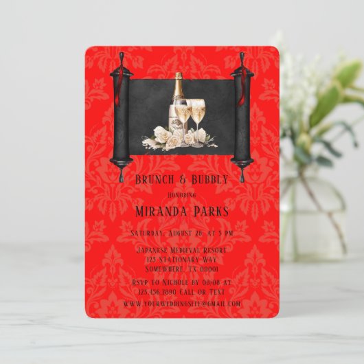 Japan Scroll Red Black Damask Brunch en Bubbly Kaart (Staand voorkant)