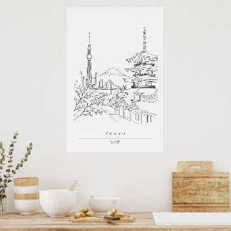Japan Skyline & Pagoda Minimalistische Lijnkunst R Poster