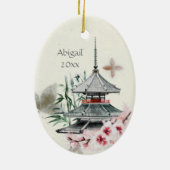 Japan Temple, Bamboe, Cherry Blossom Kerstmis Keramisch Ornament (Achterkant)