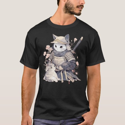 Japanese Art Cat Ninja Ukiyo-e Anime Style Samurai T-shirt (Voorkant)