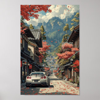 Japanese Autumn Street with Sports Car Poster