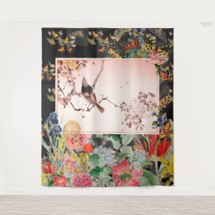 JAPANESE BIRD MET STROMEN OP DE ZWARTE Tapestry Wandkleed