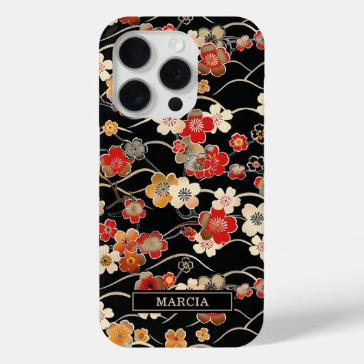 Japanese Black Floral Pattern Monogrammed Case-Mate iPhone Case (Achterkant)