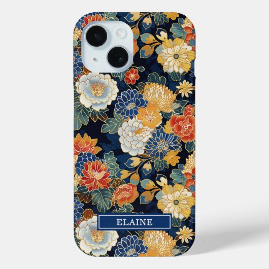 Japanese Blue Floral Pattern Monogrammed Case-Mate iPhone Case (Achterkant)