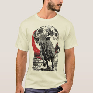 Japanese Bull Art Red Moon-kunstwerk Aziatisch T-shirt