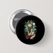 Japanese Cat Cherry Blossom Samurai Moonlight Ronde Button 5,7 Cm (Voorkant /achterkant)