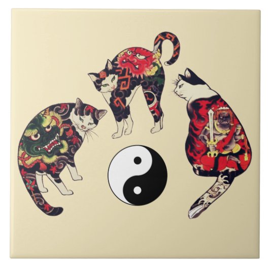 JAPANESE CATS, DRAGON RED DEVIL TATTOOS, YIN YANG TEGELTJE (Voorkant)
