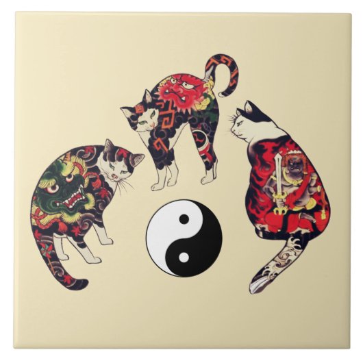 JAPANESE CATS, DRAGON RED DEVIL TATTOOS, YIN YANG TEGELTJE (Voorkant)