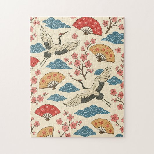 Japanese Crane Sakura Pattern Jigsaw Puzzle  (Vertical)
