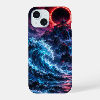 Japanese Cyberpunk Mountain Wave Eclipse Poster iPhone 15 Hoesje