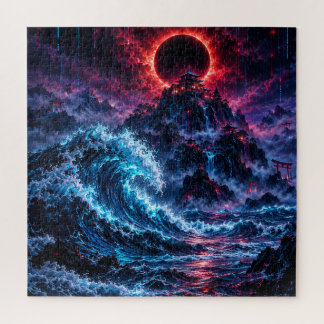 Japanese Cyberpunk Mountain Wave Eclipse Poster Legpuzzel
