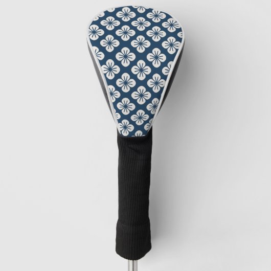 Japanese Navy Blue Ivory Floral Geometric Pattern Golfheadcover (Voorkant)