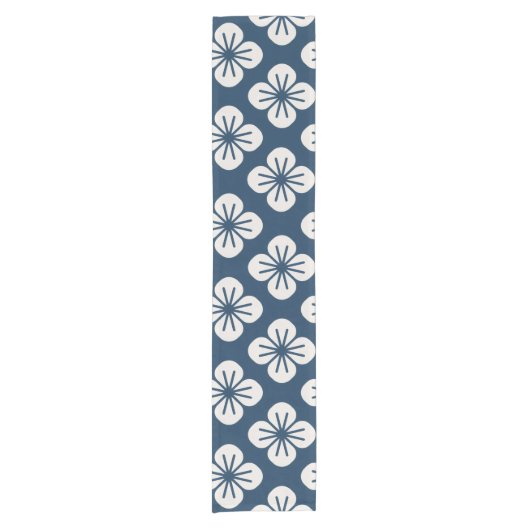 Japanese Navy Blue Ivory Floral Geometric Pattern Korte Tafelloper (Voorkant)