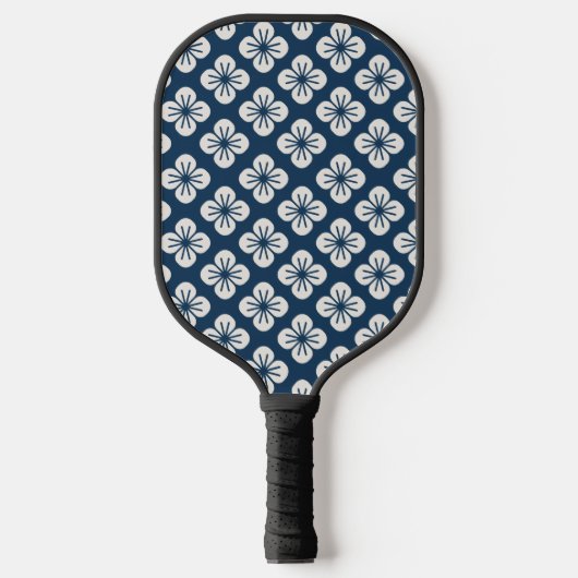 Japanese Navy Blue Ivory Floral Geometric Pattern Pickleball Paddle (Voorkant)