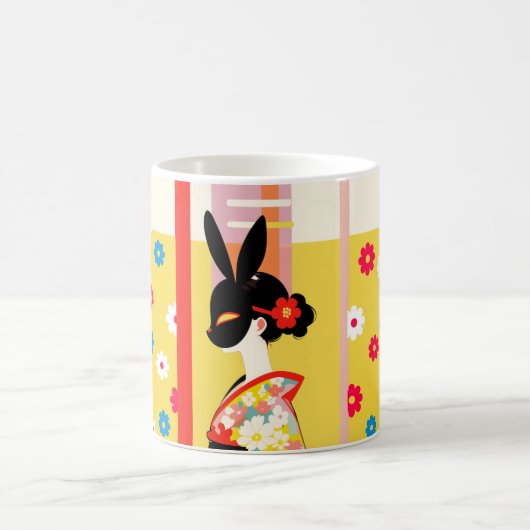 Japanese Rabbit Mask – Retro Floral Mug (Centre)