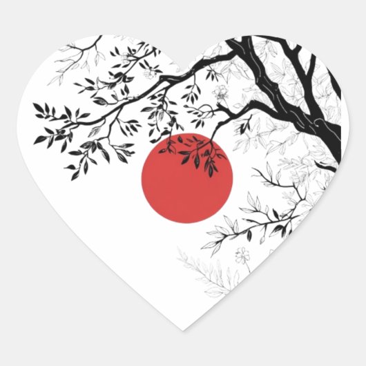Japanese Red Sun & Brush Tree Art Hart Sticker (Voorkant)