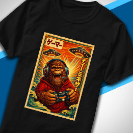 Japanese Retro Vintage UFO Bigfoot Funny Gamer T-shirt
