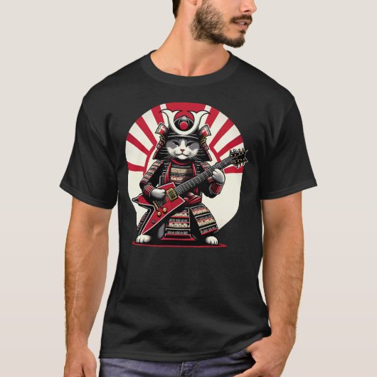 Japanese Samurai Cat Playing Electric Guitar Playe T-shirt (Voorkant)
