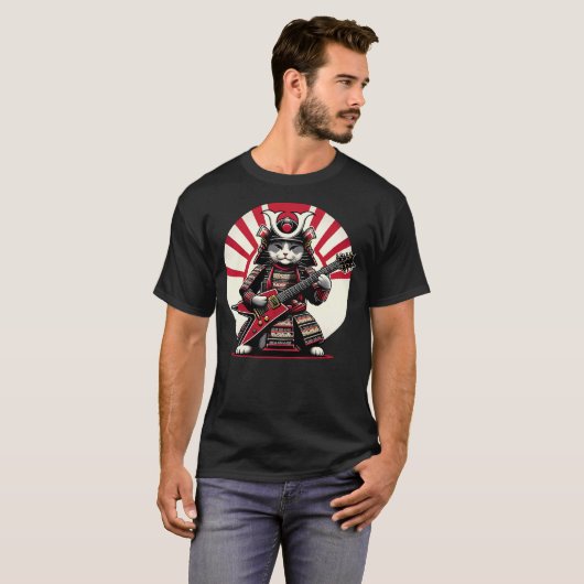 Japanese Samurai Cat Playing Electric Guitar Playe T-shirt (Voorkant volledig)
