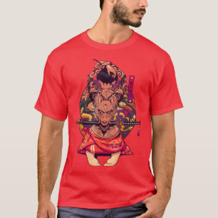 Japanese Samurai Girl and Vintage Sakura Cherry Bl T-shirt