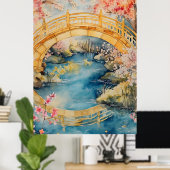 Japanese-style arched bridge spans a tranquil rive poster (Thuiskantoor)