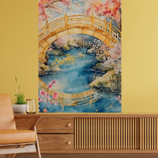 Japanese-style arched bridge spans a tranquil rive poster (Woonkamer 2)