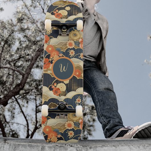 Japanese Style Retro Teal Floral n Clouds Initial Skateboard