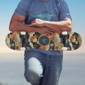 Japanese Style Retro Teal Floral n Clouds Initial Skateboard