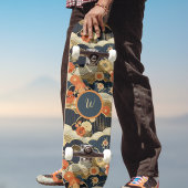Japanese Style Retro Teal Floral n Clouds Initial Skateboard
