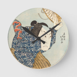 Japanese Ukiyo-e Rain Scene Wall Clock – Samurai w Ronde Klok