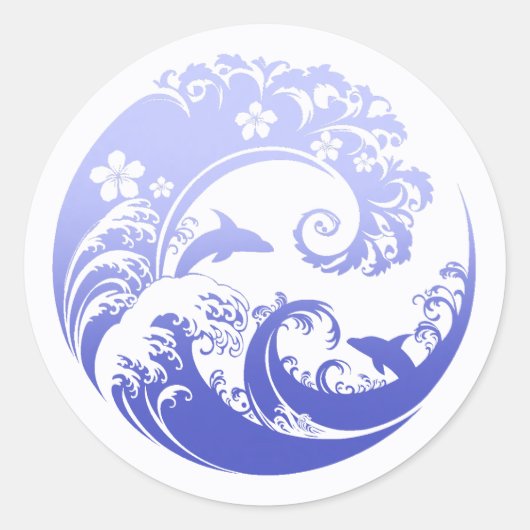 Japanese Wave & Hibiscus Blue Ronde Sticker (Voorkant)