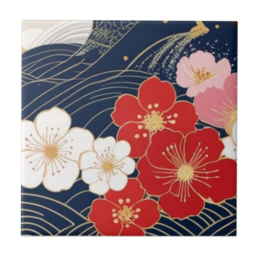 Japanese Waves and Blossoms Ceramic Tile - Piece 5 Tegeltje (Voorkant)