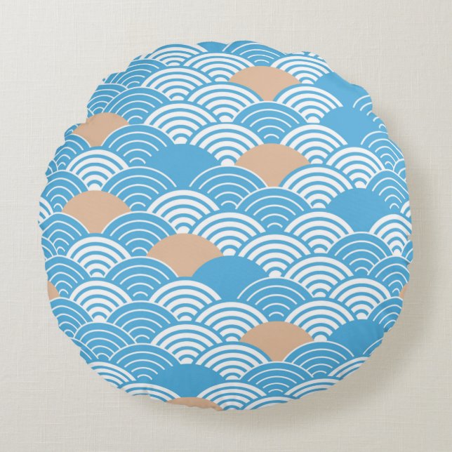 Japanese Waves Pattern Light Blue Beige White  Rond Kussen (Voorkant)