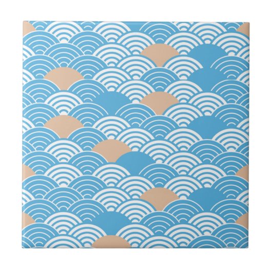 Japanese Waves Pattern Light Blue Beige White Tegeltje (Voorkant)