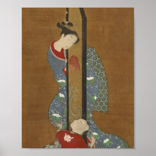 Japans afdrukken: moeder en kind bij afspelen poster