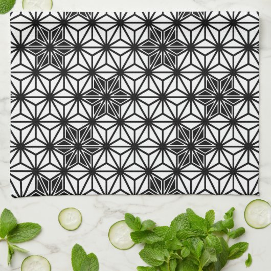 Japans Asanoha-patroon - wit en zwart Theedoek (Gevouwen)