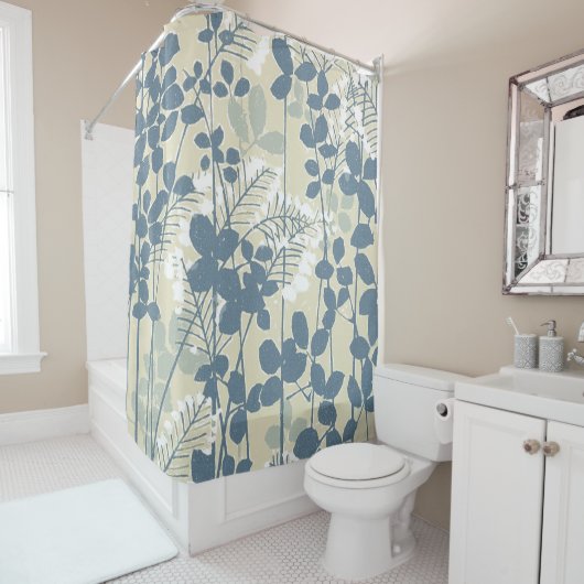 Japans Aziatisch Blauw Blad Bloem Douchegordijn (In situ)