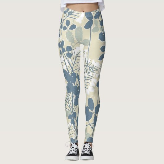 Japans Aziatisch Blauw Blad Bloem Leggings (Voorkant)