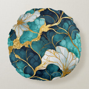 Japans Bloemen Blauwgroen Goud Rond Kussen