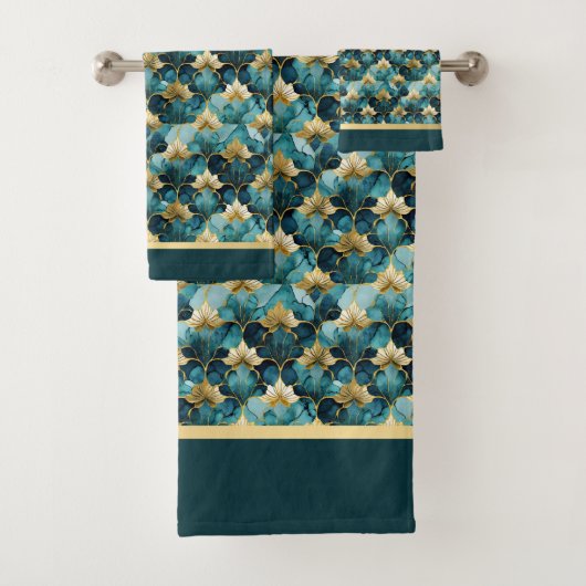 Japans Bloemen Blauwgroen Gouden Badhanddoek Set Bad Handdoek (Insitu)