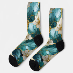 Japans Bloemen Blauwgroen Gouden Sokken