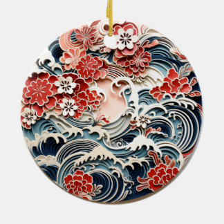 Japans Bloemen en Golven Keramisch Ornament