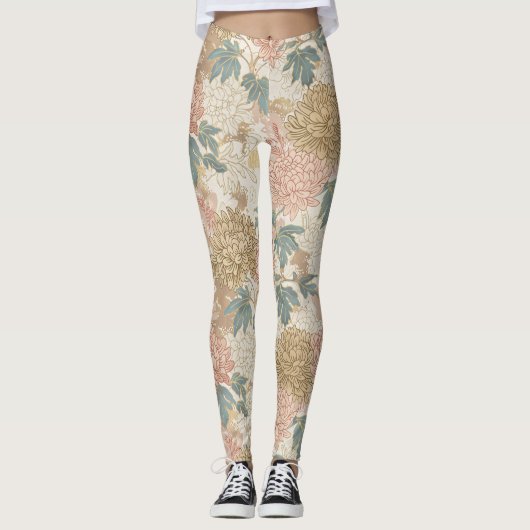 Japans Bloemen Roze en Gouden Leggings (Voorkant)