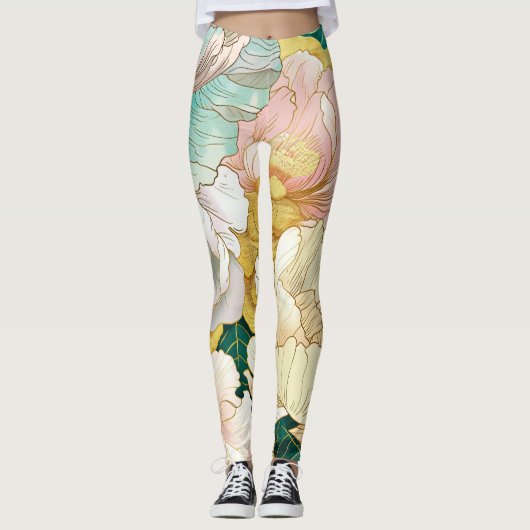 Japans Bloemen Turquoise Gouden Leggings (Voorkant)