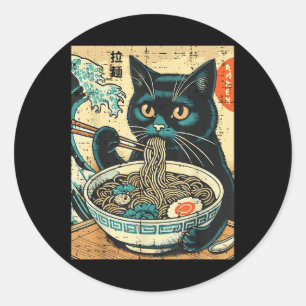 Japans Cat Ramen Great Wave Art Food Mannen Ronde Sticker