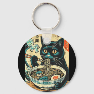 Japans Cat Ramen Great Wave Art Food Mannen Sleutelhanger