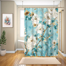 Japans Cherry Blossoms Waterverf, Blauw Douchegordijn