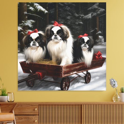 Japans Chin Snowy Sleigh Kerstmisdecor Canvas Afdruk (Insitu (Woonkamer))