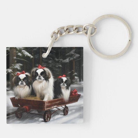Japans Chin Snowy Sleigh Kerstmisdecor Sleutelhanger (Achterkant)