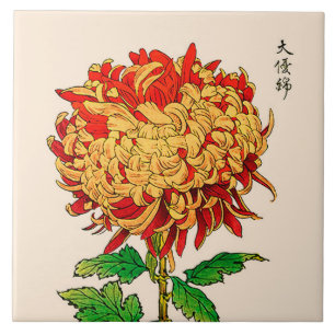 Japans Chrysanthemum. Goud en Sinaasappel Tegeltje